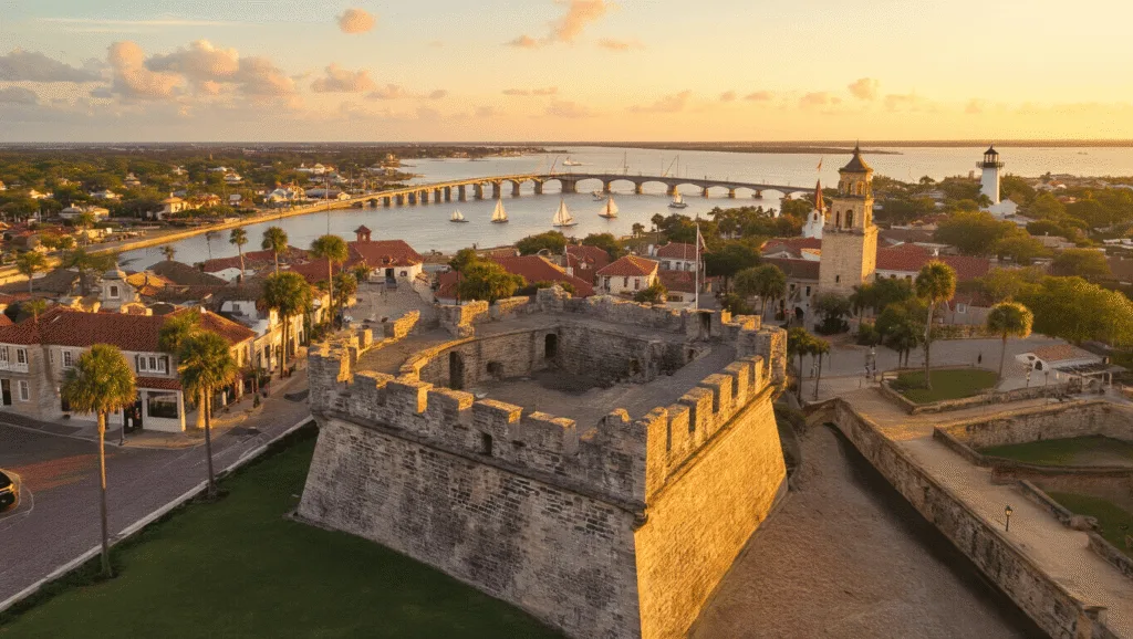 Unveiling St. Augustine: Your Ultimate Adventure Guide to Florida's Hidden Gem "Aerial view of St. Augustine at sunset featuring Castillo de San Marcos, the Bridge of Lions, St. Augustine Lighthouse, and the historic cityscape with Spanish colonial architecture and coastal beauty."