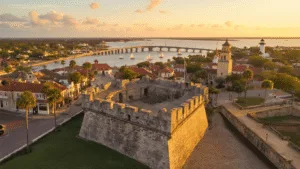 Unveiling St. Augustine: Your Ultimate Adventure Guide to Florida's Hidden Gem "Aerial view of St. Augustine at sunset featuring Castillo de San Marcos, the Bridge of Lions, St. Augustine Lighthouse, and the historic cityscape with Spanish colonial architecture and coastal beauty."