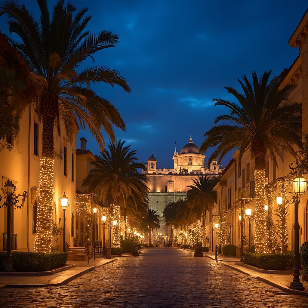 Unveiling St. Augustine: Your Ultimate Adventure Guide to Florida's Hidden Gem St. Augustine's historic district during Nights of Lights festival showcasing illuminated Spanish colonial architecture, glowing cobblestone streets, twinkling lights wrapped palm trees and silhouette of Castillo de San Marcos against a deep blue evening sky