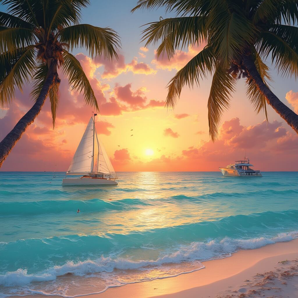 St. Petersburg in March: Two Cities, Worlds Apart Sunset at St. Pete Beach, Florida with turquoise waters, white sand, palm trees, a sailboat in Tampa Bay, and pelicans diving for fish under a sky of oranges and purples