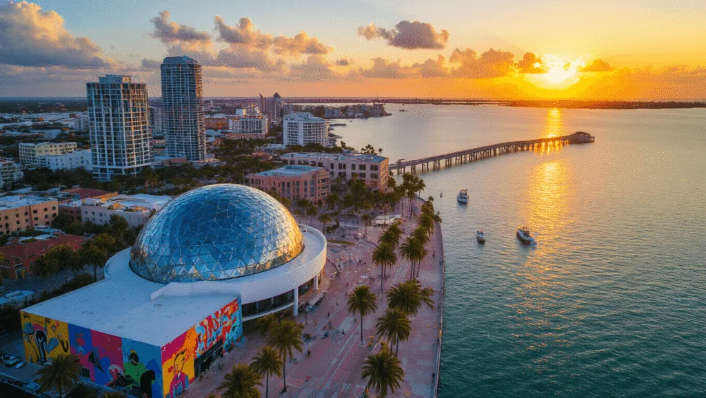 Unveiling St. Petersburg: Your Ultimate Fun-Filled Florida Destination "Aerial view of St. Petersburg, Florida at sunset featuring the St. Pete Pier, Dali Museum and street murals with surrounding palm trees and boats in Tampa Bay"