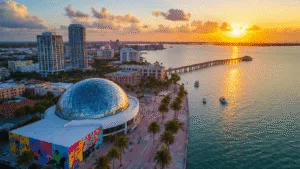 Unveiling St. Petersburg: Your Ultimate Fun-Filled Florida Destination "Aerial view of St. Petersburg, Florida at sunset featuring the St. Pete Pier, Dali Museum and street murals with surrounding palm trees and boats in Tampa Bay"