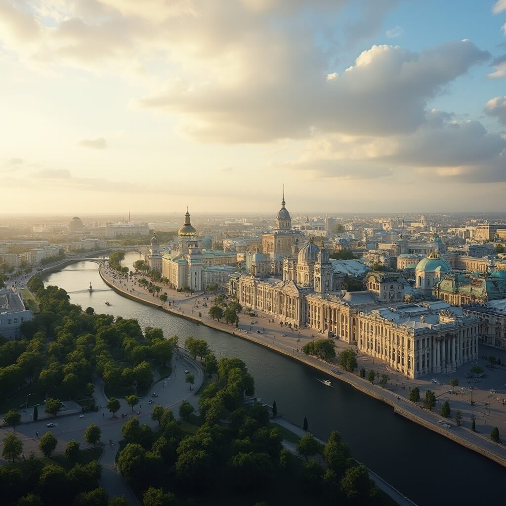 Uncover the Magic of St. Petersburg in May: A Traveler's Ultimate Guide Aerial view of St. Petersburg in May afternoon featuring baroque architecture, Neva River, sunlight on buildings, green parks, historic streets, dramatic clouds in sky