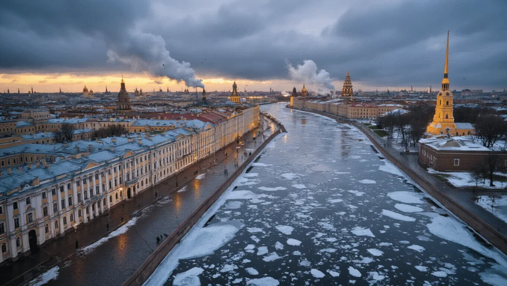 St. Petersburg in April: Your Unfiltered Guide to Russia's Most Enigmatic City "Aerial view of St. Petersburg in April twilight, featuring partially frozen Neva River, historic buildings, Peter and Paul Fortress, melting snow, green parks, and Orthodox church domes, reflecting raw beauty of seasonal change and grandeur of Russian architecture."