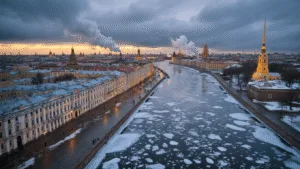 St. Petersburg in April: Your Unfiltered Guide to Russia's Most Enigmatic City "Aerial view of St. Petersburg in April twilight, featuring partially frozen Neva River, historic buildings, Peter and Paul Fortress, melting snow, green parks, and Orthodox church domes, reflecting raw beauty of seasonal change and grandeur of Russian architecture."