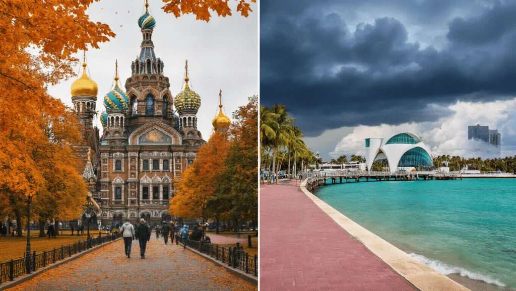 September in St. Petersburg: Your Ultimate Travel Guide to Two Incredible Cities "Split-screen digital art of St. Petersburg Russia's Pavlovsk Park in autumn and St. Petersburg Florida's sunny pier with Dali Museum under stormy skies"