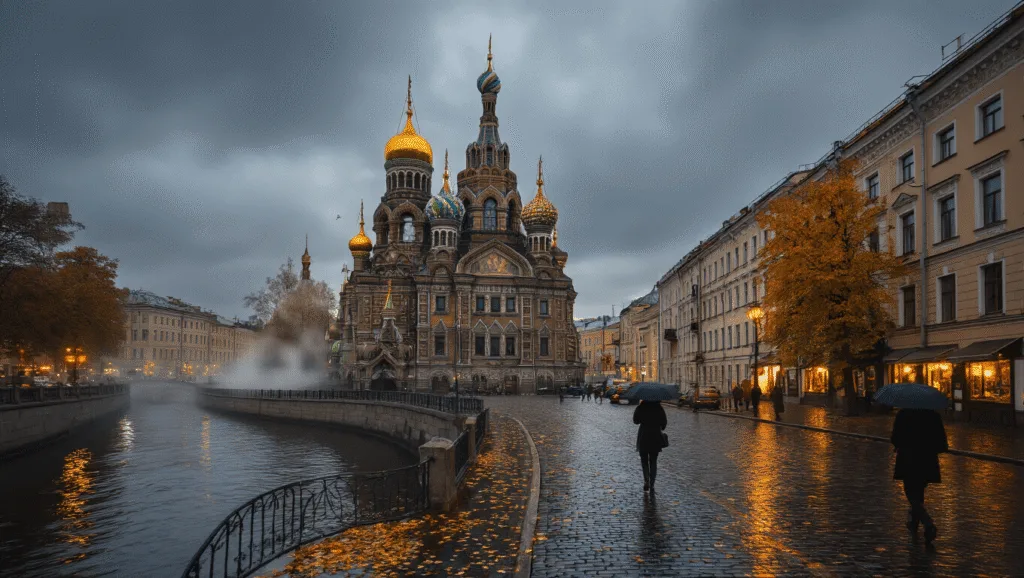 St. Petersburg in October: Your Ultimate Gloomy, Gorgeous Russian Adventure Guide "Panoramic autumn view of St. Petersburg showing Church of the Savior on Spilled Blood, historic architecture, locals with umbrellas on cobblestone streets, and cafe lights reflecting on canal with fallen leaves."