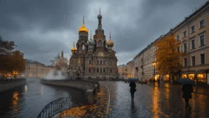 St. Petersburg in October: Your Ultimate Gloomy, Gorgeous Russian Adventure Guide "Panoramic autumn view of St. Petersburg showing Church of the Savior on Spilled Blood, historic architecture, locals with umbrellas on cobblestone streets, and cafe lights reflecting on canal with fallen leaves."