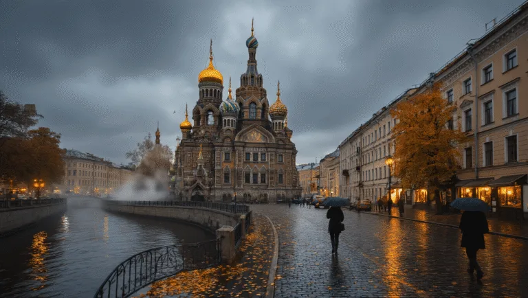 St. Petersburg in October: Your Ultimate Gloomy, Gorgeous Russian Adventure Guide "Panoramic autumn view of St. Petersburg showing Church of the Savior on Spilled Blood, historic architecture, locals with umbrellas on cobblestone streets, and cafe lights reflecting on canal with fallen leaves."