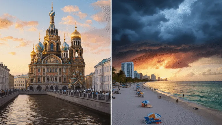 August Adventures: Two St. Petersburgs, One Epic Month of Exploration "Split-screen illustration comparing summer in St. Petersburg, Russia with its historic church and canals, to St. Petersburg, Florida featuring a modern beachfront and stormy skies."
