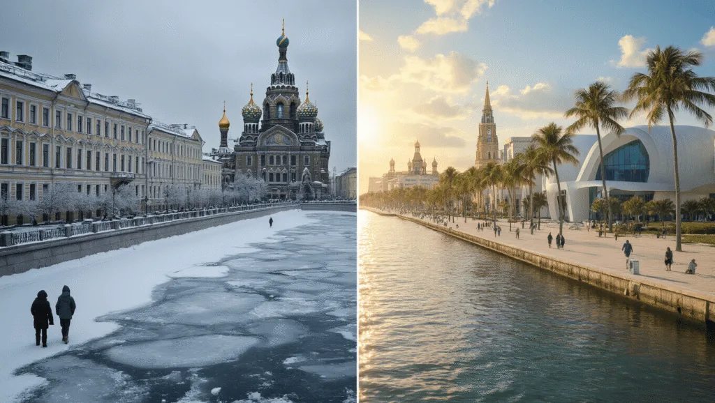 St. Petersburg in March: Two Cities, Worlds Apart "Split-screen contrasting views of snowy St. Petersburg, Russia featuring baroque architecture and the frozen Neva River, and sunny St. Petersburg, Florida featuring palm trees on Beach Drive and the Salvador Dali Museum."
