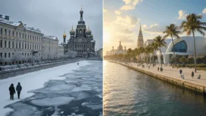 St. Petersburg in March: Two Cities, Worlds Apart "Split-screen contrasting views of snowy St. Petersburg, Russia featuring baroque architecture and the frozen Neva River, and sunny St. Petersburg, Florida featuring palm trees on Beach Drive and the Salvador Dali Museum."