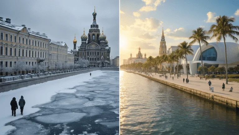 St. Petersburg in March: Two Cities, Worlds Apart "Split-screen contrasting views of snowy St. Petersburg, Russia featuring baroque architecture and the frozen Neva River, and sunny St. Petersburg, Florida featuring palm trees on Beach Drive and the Salvador Dali Museum."