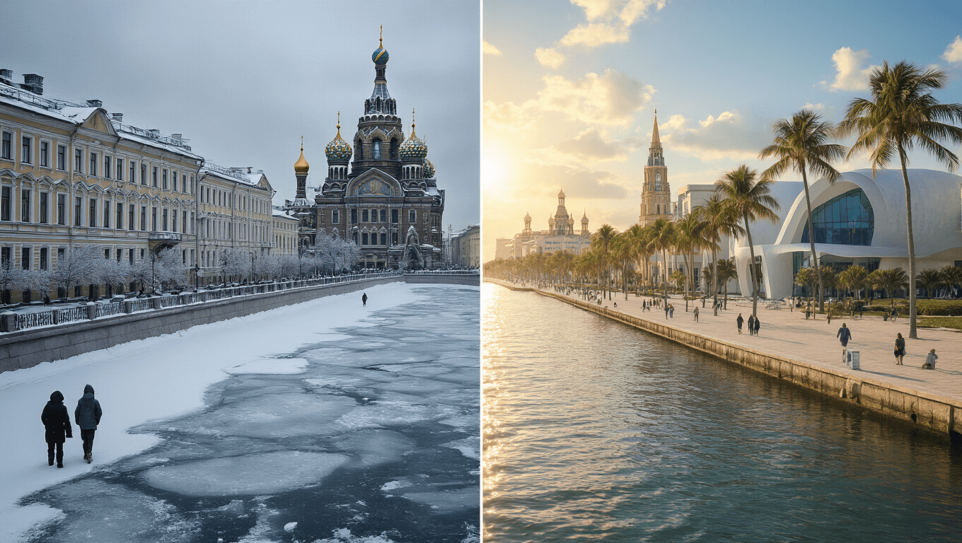 "Split-screen contrasting views of snowy St. Petersburg, Russia featuring baroque architecture and the frozen Neva River, and sunny St. Petersburg, Florida featuring palm trees on Beach Drive and the Salvador Dali Museum."