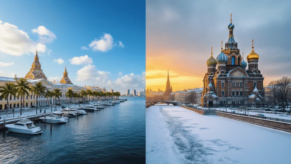 Are You Torn Between Two St. Petersburgs? Your Ultimate February Travel Guide Revealed! "Split-screen image of sunny St. Petersburg, Florida with palm trees, yachts, and inverted pyramid pier, and snowy St. Petersburg, Russia with gold-domed Church and frozen Neva River, displaying contrast between warm sunset and cool winter lighting."