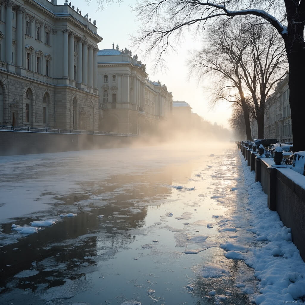 St. Petersburg in April: Your Unfiltered Guide to Russia's Most Enigmatic City Early morning on St. Petersburg's canals with mirror-like reflections of melting ice and classical architecture in the soft dawn light, framed by bare tree branches and mist over the water surface.