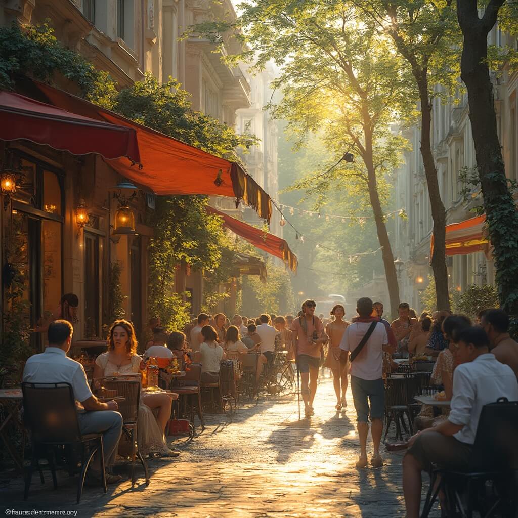 St. Petersburg in July: Your Ultimate Guide to Russia's Summer Magic Young musicians performing at an outdoor café on a vibrant summer evening in St. Petersburg, with people dining, classic Russian architecture, and lush green trees in the background.