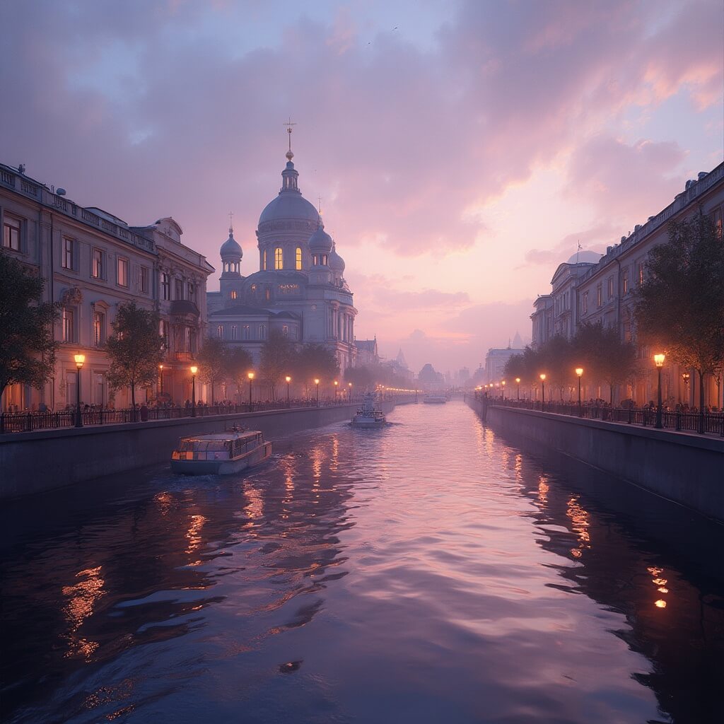 St. Petersburg in July: Your Ultimate Guide to Russia's Summer Magic Magical twilight scene featuring the Church of the Savior on Spilled Blood reflected in a calm canal, with ornate buildings illuminated by a sky of lavender and gold during White Nights in St. Petersburg.