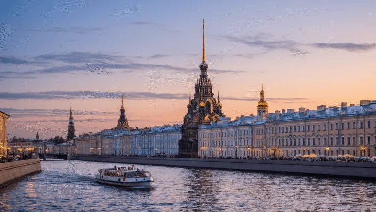 St. Petersburg in June: Your Ultimate White Nights Adventure Guide "Aerial view of St. Petersburg at twilight during White Nights showing the Church of the Savior on Spilled Blood and Neva River, with buildings casting shadows, canal boats on illuminated waterways, and sky in hues of lavender, pink, and gold"