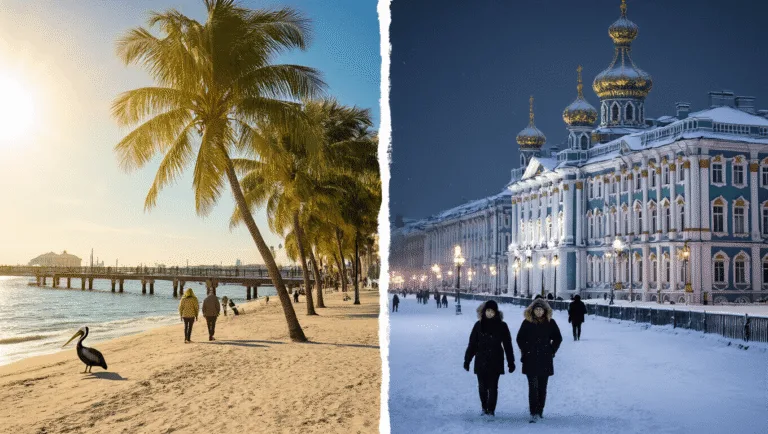 St. Petersburg in January: Two Starkly Different Winter Destinations Unveiled "Contrasting scenes of sunny St. Petersburg, Florida with beachgoers at St. Pete Pier and snowy St. Petersburg, Russia with winter-clad visitors at the luminous Winter Palace."