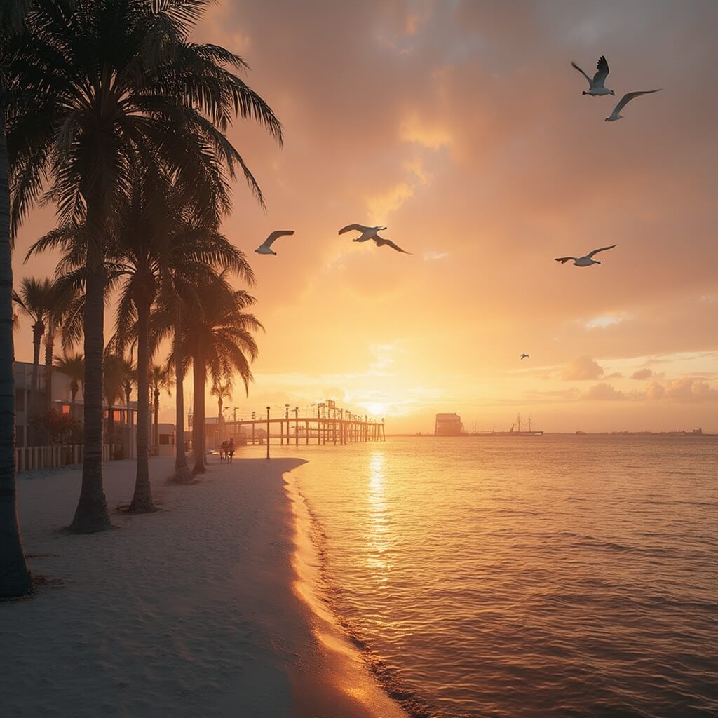 Sunset over St. Petersburg, Florida's waterfront with palm silhouettes, modern pier, flying pelicans, and warm winter landscape