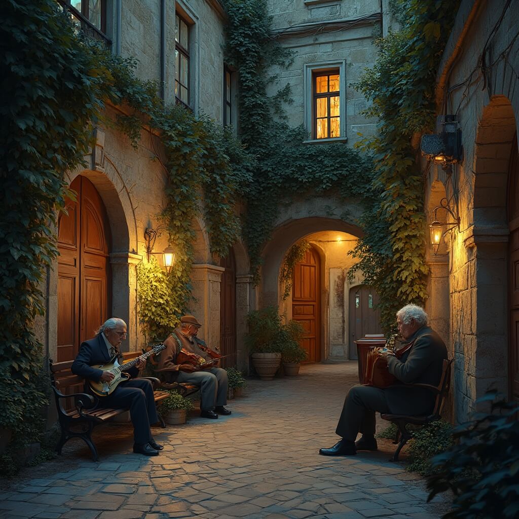 St. Petersburg in June: Your Ultimate White Nights Adventure Guide Hidden courtyard in St. Petersburg's Pushkin District at dusk, featuring weathered stone walls with ivy, local musicians playing jazz instruments, wooden benches with listeners, cobblestones, vintage lampposts, golden evening light streaming through archways.