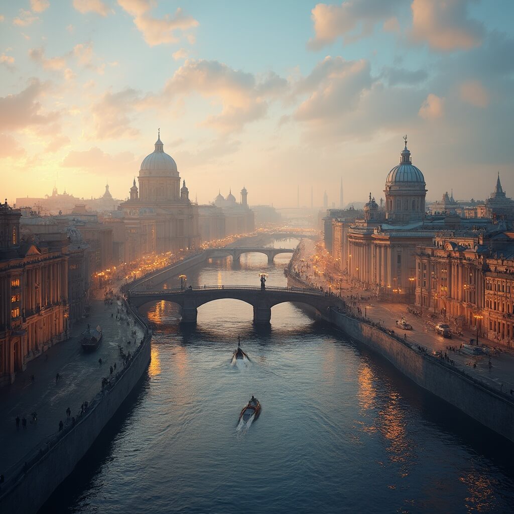 Panoramic view of St. Petersburg at midnight during White Nights, displaying golden sunlight on historic baroque architecture, wide city canal with ornate bridges, and a soft pastel sky.
