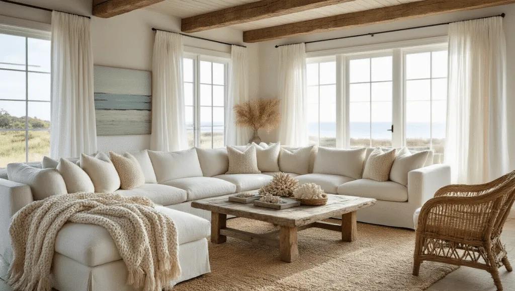 Rustic Coastal Farmhouse Decor: Your Ultimate Guide to Breezy, Lived-In Elegance A sunlit coastal farmhouse living room featuring an ivory linen sectional sofa, chunky knit throws, layered vintage rugs, and weathered rattan chairs, with a whitewashed coffee table styled with coral and sea glass, illuminated by natural light through large windows and a beam ceiling.