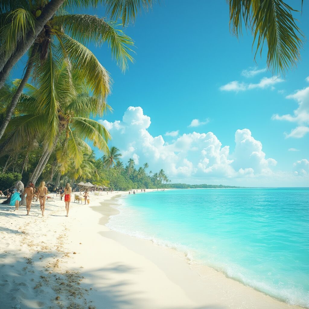 Are You Torn Between Two St. Petersburgs? Your Ultimate February Travel Guide Revealed! Sunny Florida beach scene with turquoise waters, white sandy shore, swaying palm trees, blue sky with clouds, people walking in summer attire under warm sunlight