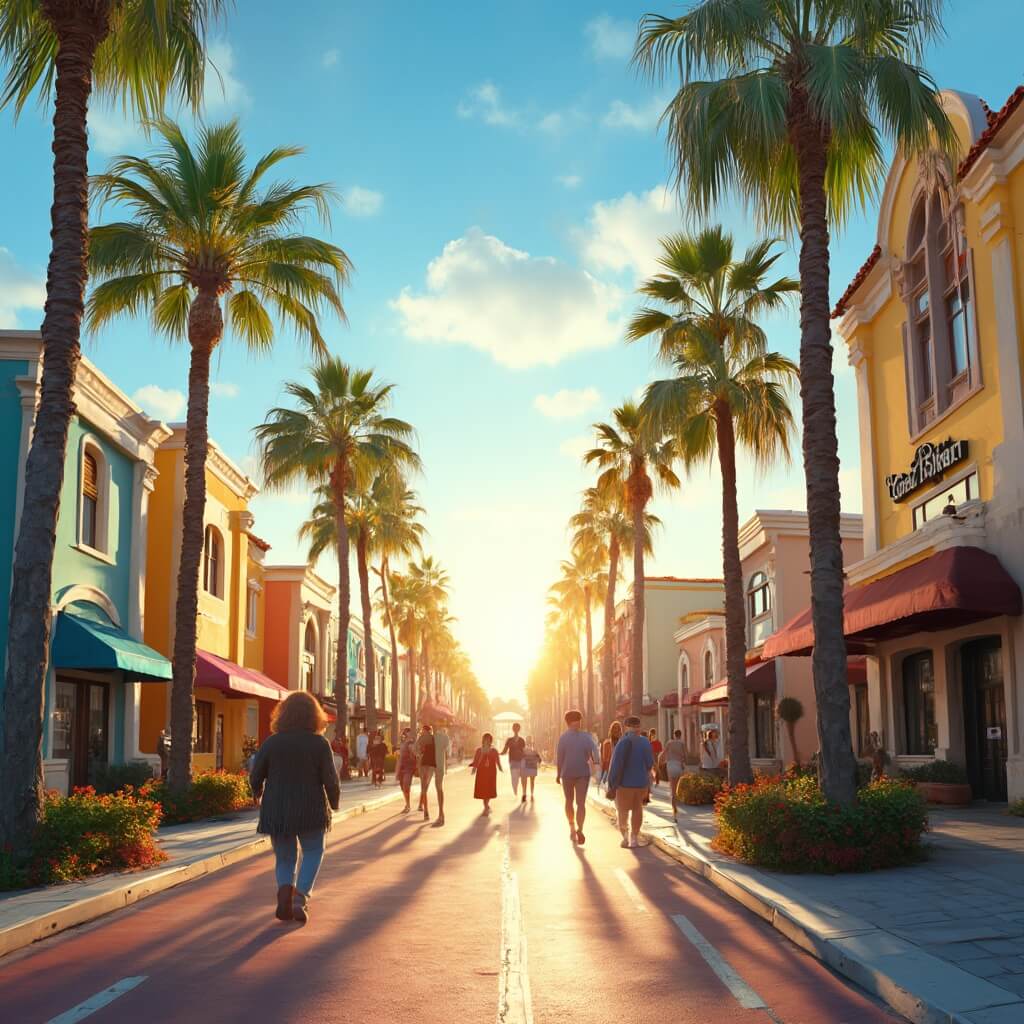 Sunny Orlando street scene with people, palm trees, colorful buildings, and warm shadows under a blue sky with wispy clouds