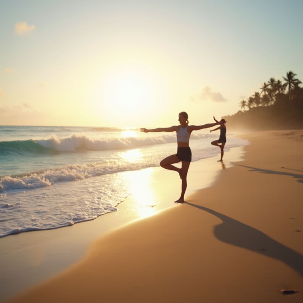 Why Key West in March Will Blow Your Mind: The Ultimate Traveler's Guide Silhouettes of individuals practicing yoga on a serene sandy beach at sunrise, with calm turquoise ocean waves and distant palm trees under a soft pastel sky.