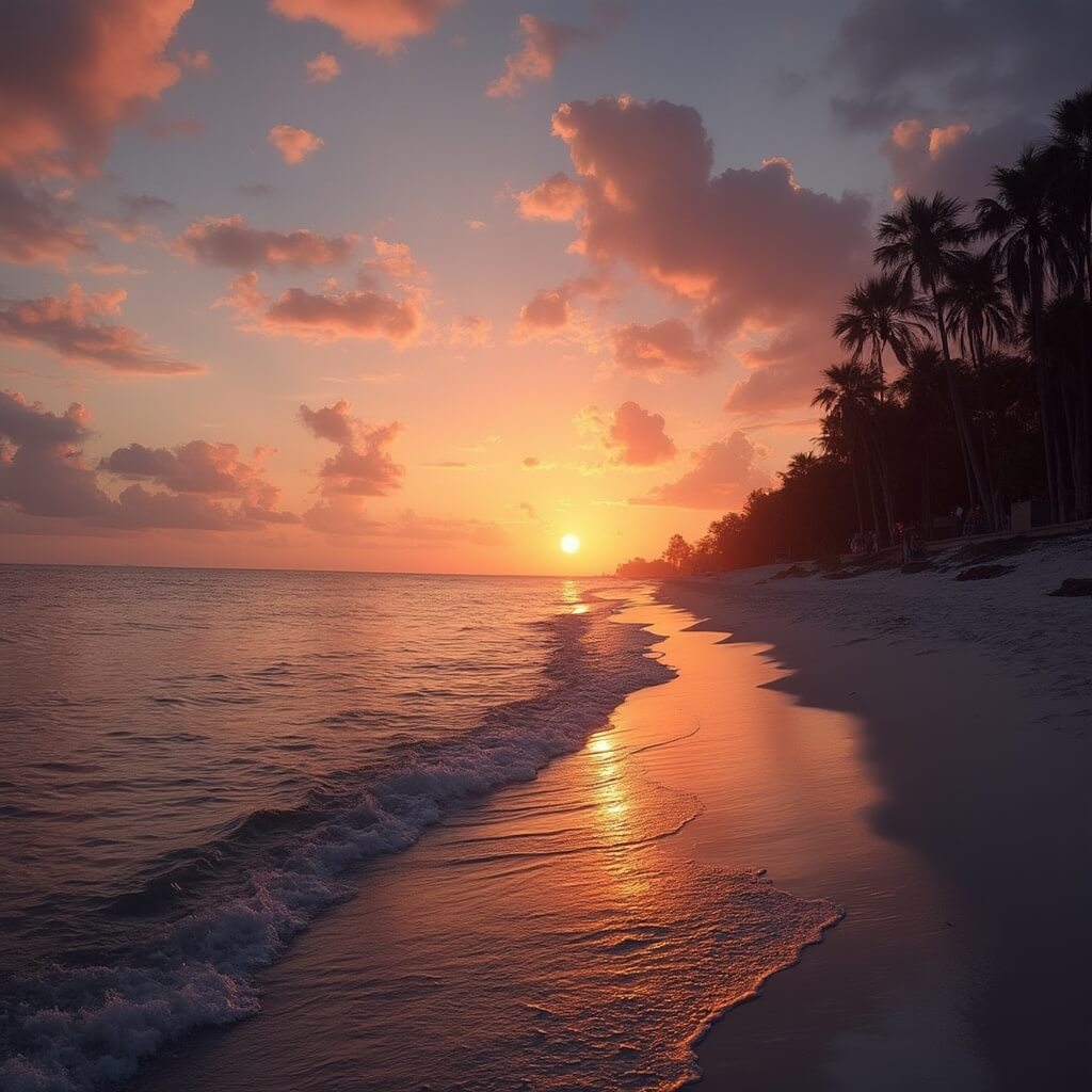 Sunset at Bean Point with tranquil waters of Gulf of Mexico, vibrant sky, silhouetted palm trees, calm waves on sandy beach, and golden light reflection on water surface