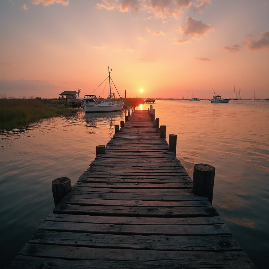 Uncover the Hidden Gem of Florida: Cedar Key's Unmissable Adventures and Secret Spots Sunset at Dock Street pier with weathered boardwalk extending into reflective calm waters, silhouetted boats in the distance under warm orange and pink sky