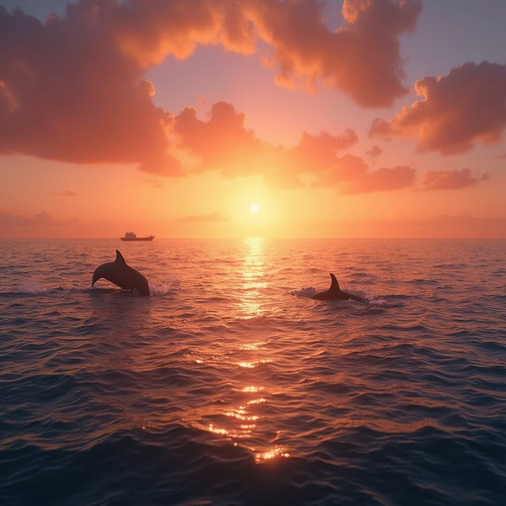 Why April is Your Secret Weapon for the Ultimate Panama City Beach Escape Dolphins leaping near cruise boat during a stunning sunset over Gulf Coast with vibrant orange and pink sky and golden light reflecting on calm sea