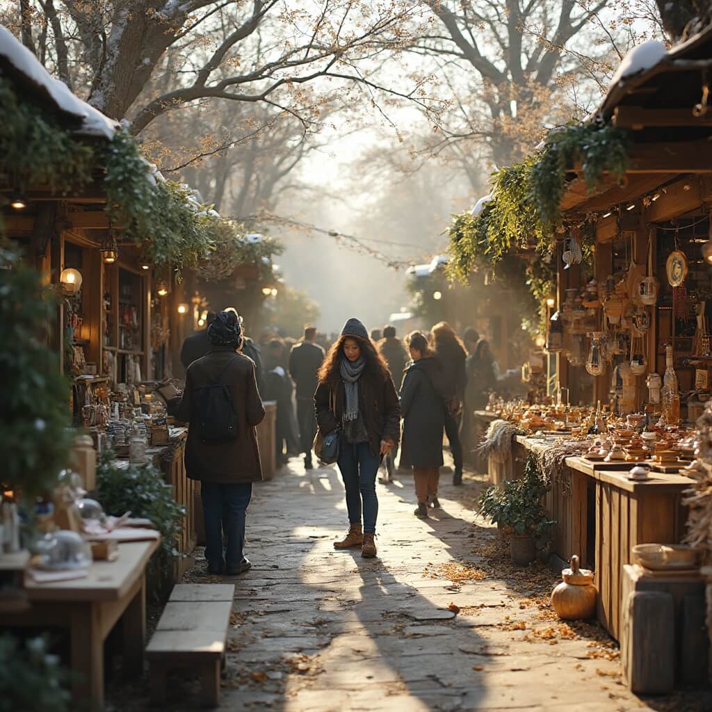 Why Daytona Beach is Your Secret Winter Escape (That Most Tourists Don't Know About) Artisan vendors at a vibrant, sustainable holiday market, displaying eco-friendly products under soft winter sunlight, with wooden stalls, lush greenery, engaged customers and an array of handcrafted goods highlighted by a natural color palette.
