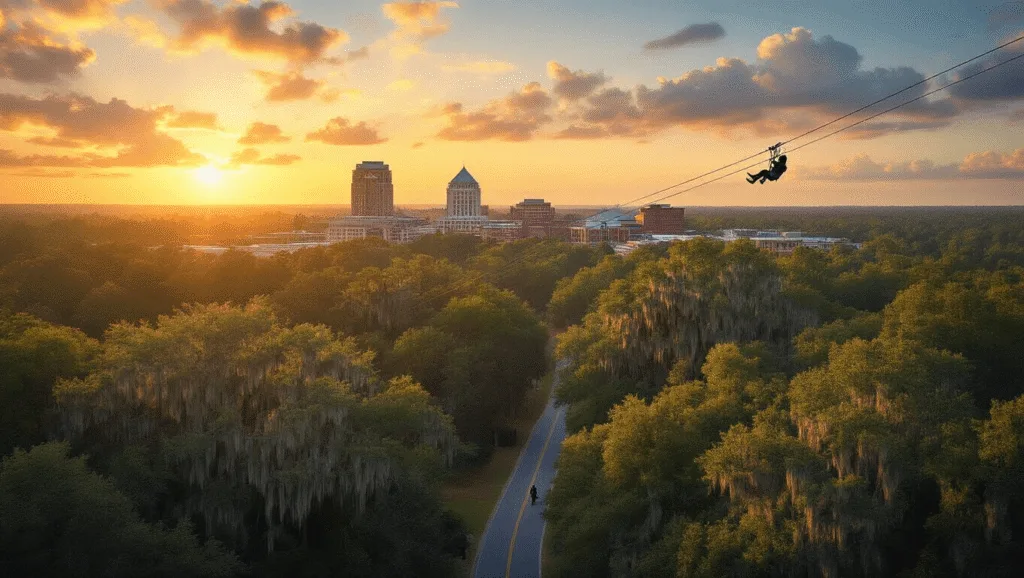 Unleash Your Adventure: Tallahassee's Hidden Gems Await! "Dramatic aerial view of Tallahassee at sunset, featuring oak-lined canopy roads, the Tallahassee Museum's zipline through a forest, a zipliner against the golden sky, city buildings and subtle wildlife elements."