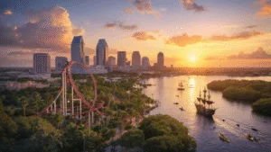 Tampa Unleashed: Your Ultimate Playground of Thrills, Culture, and Hidden Gems "Aerial view of Tampa Bay at sunset featuring SheiKra roller coaster at Busch Gardens, downtown skyline, kayakers in mangrove forests, dolphins in the bay, and a pirate ship cruising, all under the vibrant colors of the Florida sunset."
