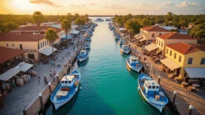 Uncover Tarpon Springs: A Hidden Florida Gem That'll Blow Your Mind "Aerial view of Tarpon Springs Sponge Docks at sunset with Greek sponge diving boats, Mediterranean-style buildings, and bustling dockside activity, reflecting Greek culture in Florida coastal life"
