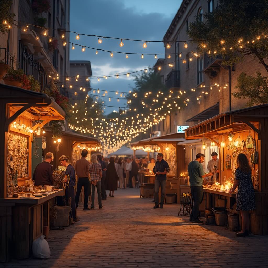 Magical Weather, Zero Winter Blues Cozy street festival in Thornton Park, Orlando with string lights, wooden stalls displaying handmade crafts, musicians performing, and people enjoying hot beverages around fire pits under soft warm lighting