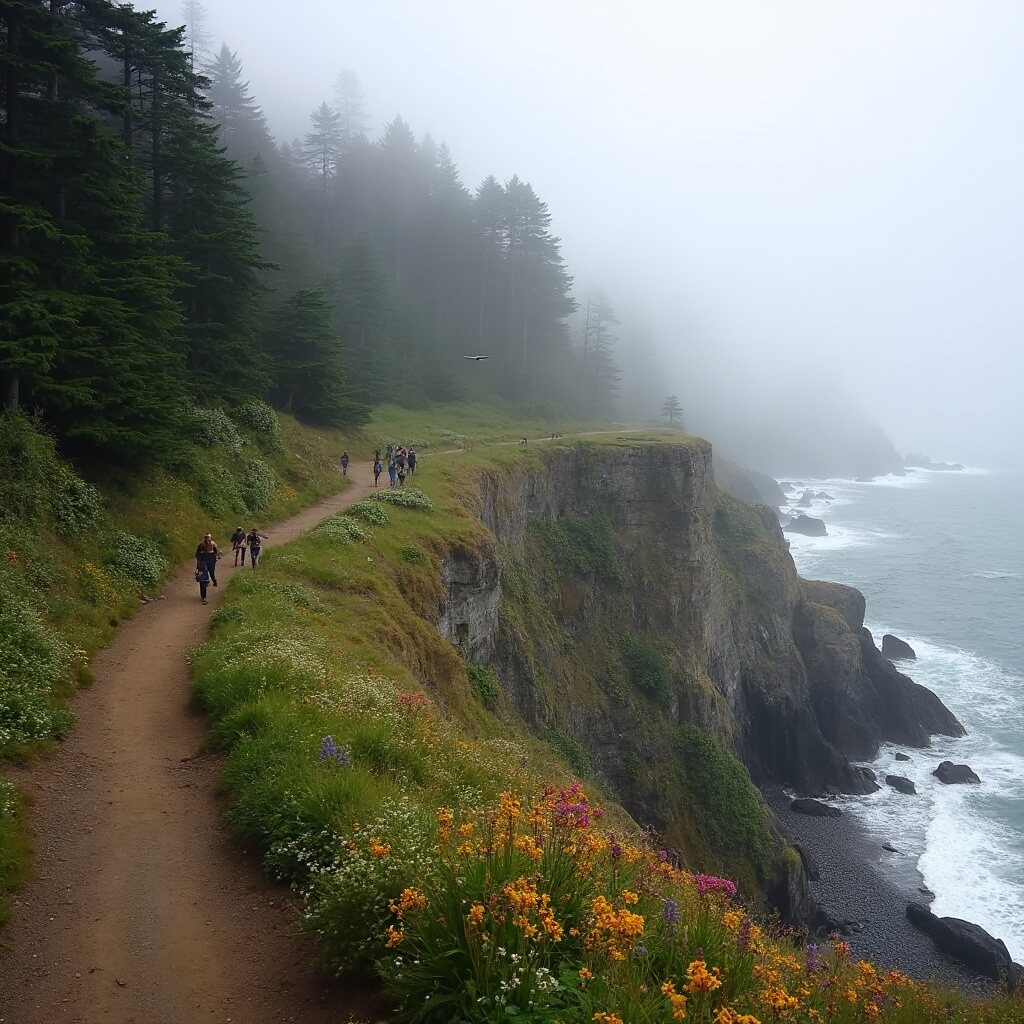 The Ultimate Seaside Adventure: Unleash Your Coastal Playground! Misty morning on a dramatic coastal trail at Tillamook Head with rugged cliffs, dense evergreen forest, rocky outcrops, crashing waves, and blooming wildflowers