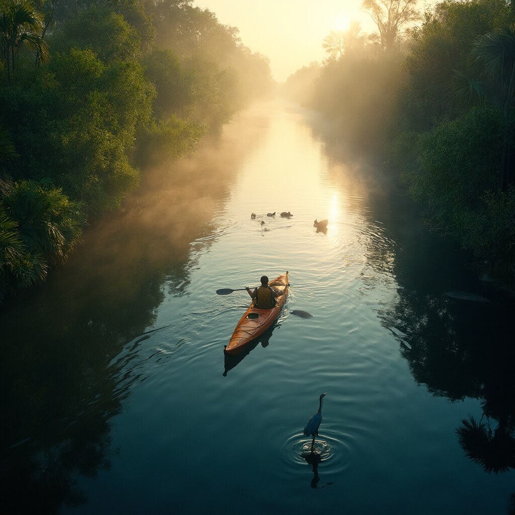 Why Daytona Beach in September is Your Secret Paradise (Without the Summer Crowds) A kayaker on the Tomoka River at sunrise, surrounded by dense vegetation, dolphins playing nearby and a great blue heron fishing in the shallows
