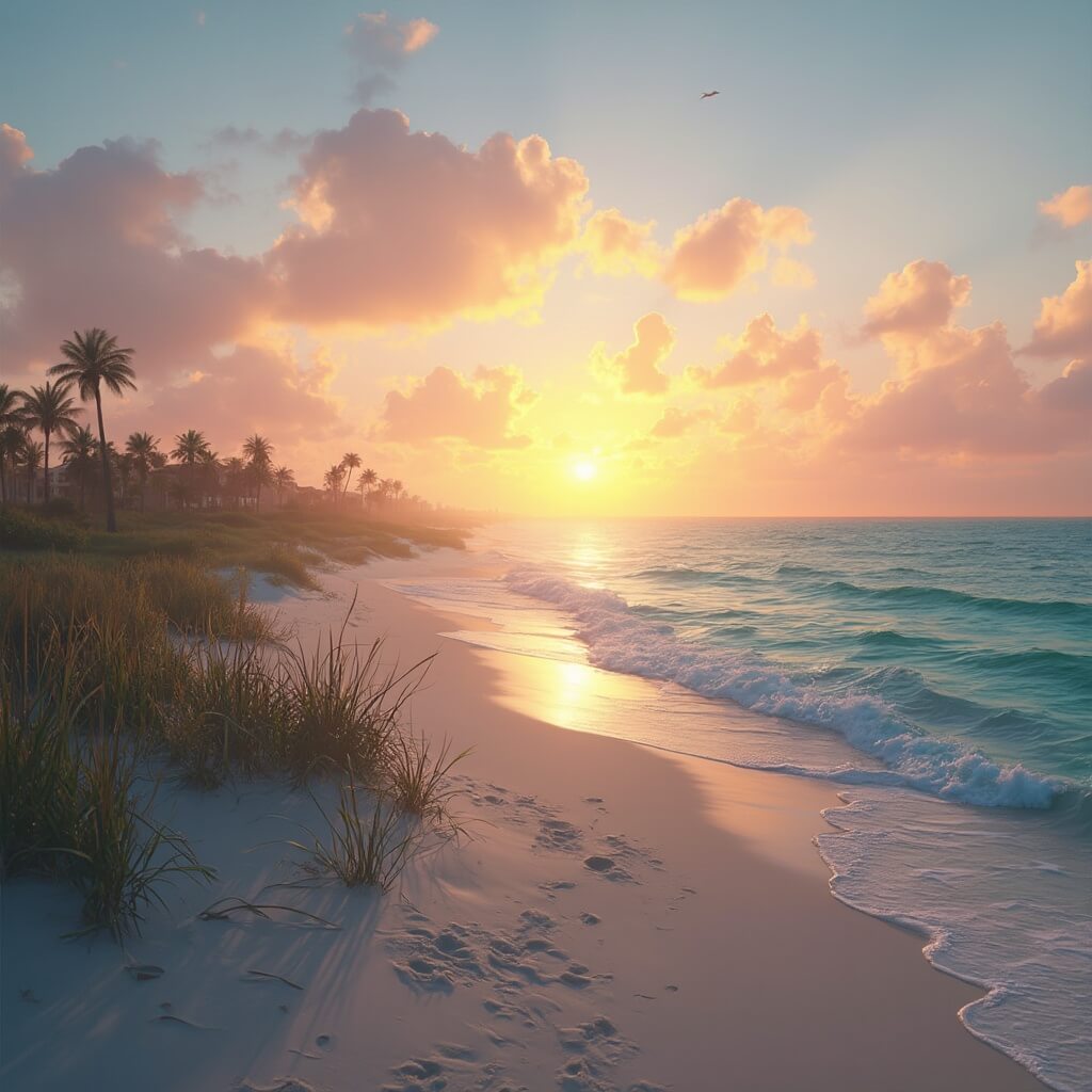Orlando in September: Your Ultimate Insider's Guide to Beating the Crowds and Scoring Epic Adventures Hyperrealistic depiction of a tranquil September sunset at Cocoa Beach featuring golden light over sand dunes, swaying sea oats casting shadows, gentle azure waves, gliding pelicans, pink and orange clouds and palm tree silhouettes.