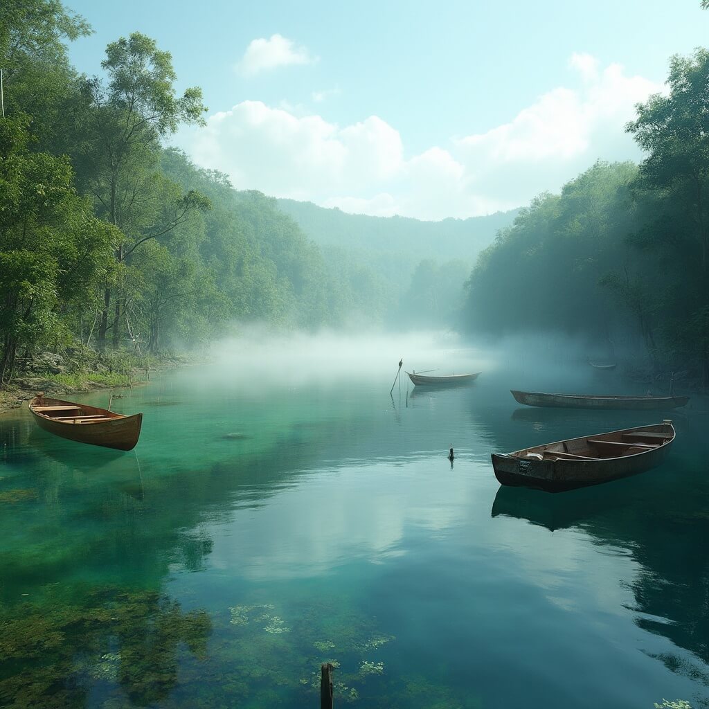 Unleash Your Adventure: Tallahassee's Hidden Gems Await! Early morning mist rising over tranquil Lake Bradford with wooden kayaks floating on crystal clear water, surrounded by dense Florida wilderness.