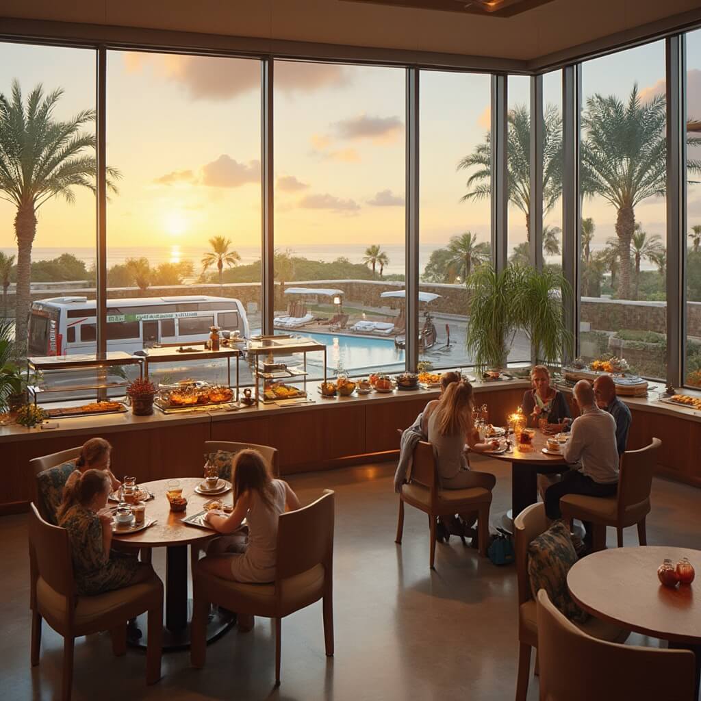 Why Orlando in November Will Be Your Most Epic Travel Adventure Yet Hotel breakfast area at sunrise with a buffet, families dining, pool view with palm trees, and hotel-branded shuttle bus visible through floor-to-ceiling windows