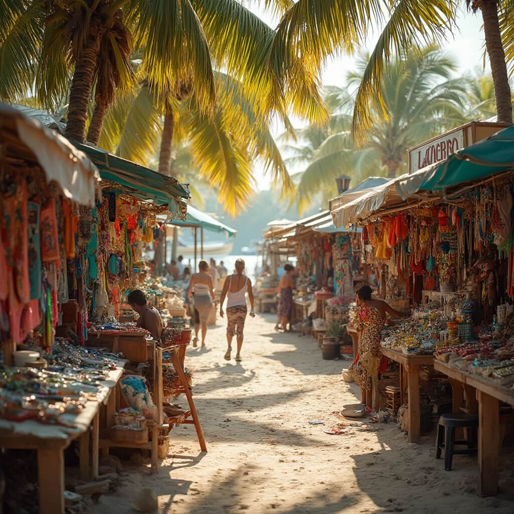 Key West in August: Your Ultimate Tropical Paradise Guide 🌴🍹 Local artists crafting colorful handmade jewelry at a vibrant tropical art market in Key West, with detailed coastal crafts on display, set against a waterfront backdrop with palm trees in the golden afternoon sunlight.