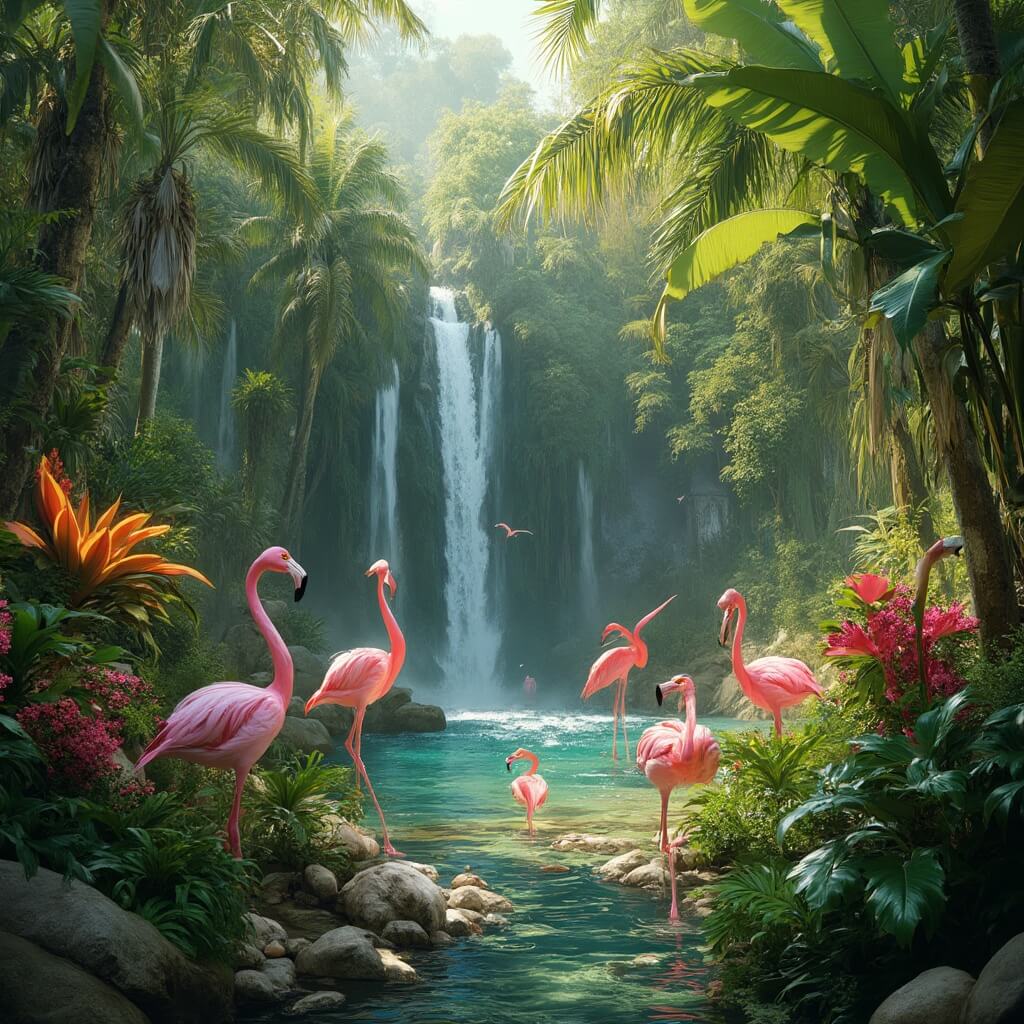 Unveiling St. Petersburg: Your Ultimate Fun-Filled Florida Destination Tropical botanical garden with waterfalls, exotic plants, pink flamingos and golden sunlight filtering through lush foliage