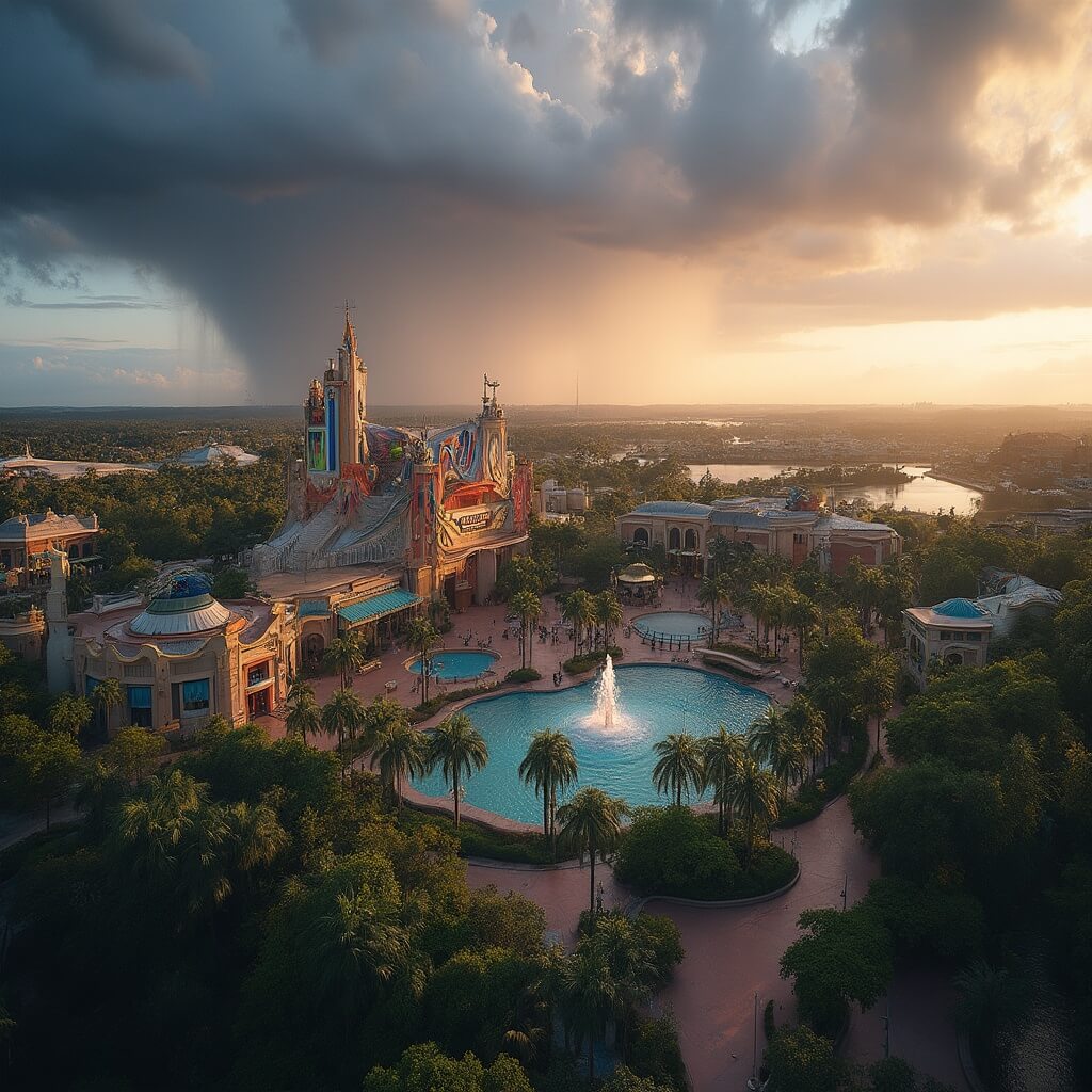 Orlando in September: Your Ultimate Insider's Guide to Beating the Crowds and Scoring Epic Adventures Aerial view of Universal Studios theme park during golden hour with colorful attractions, dramatic thunderstorm clouds approaching, and lush tropical landscaping