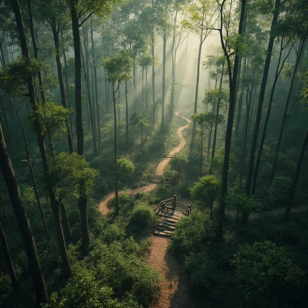 Discover Pensacola: Your Ultimate Adventure Playground Aerial view of morning mist over mountain biking trails through a dense forest at University of West Florida, with bridges over streams and dappled sunlight creating dynamic shadows