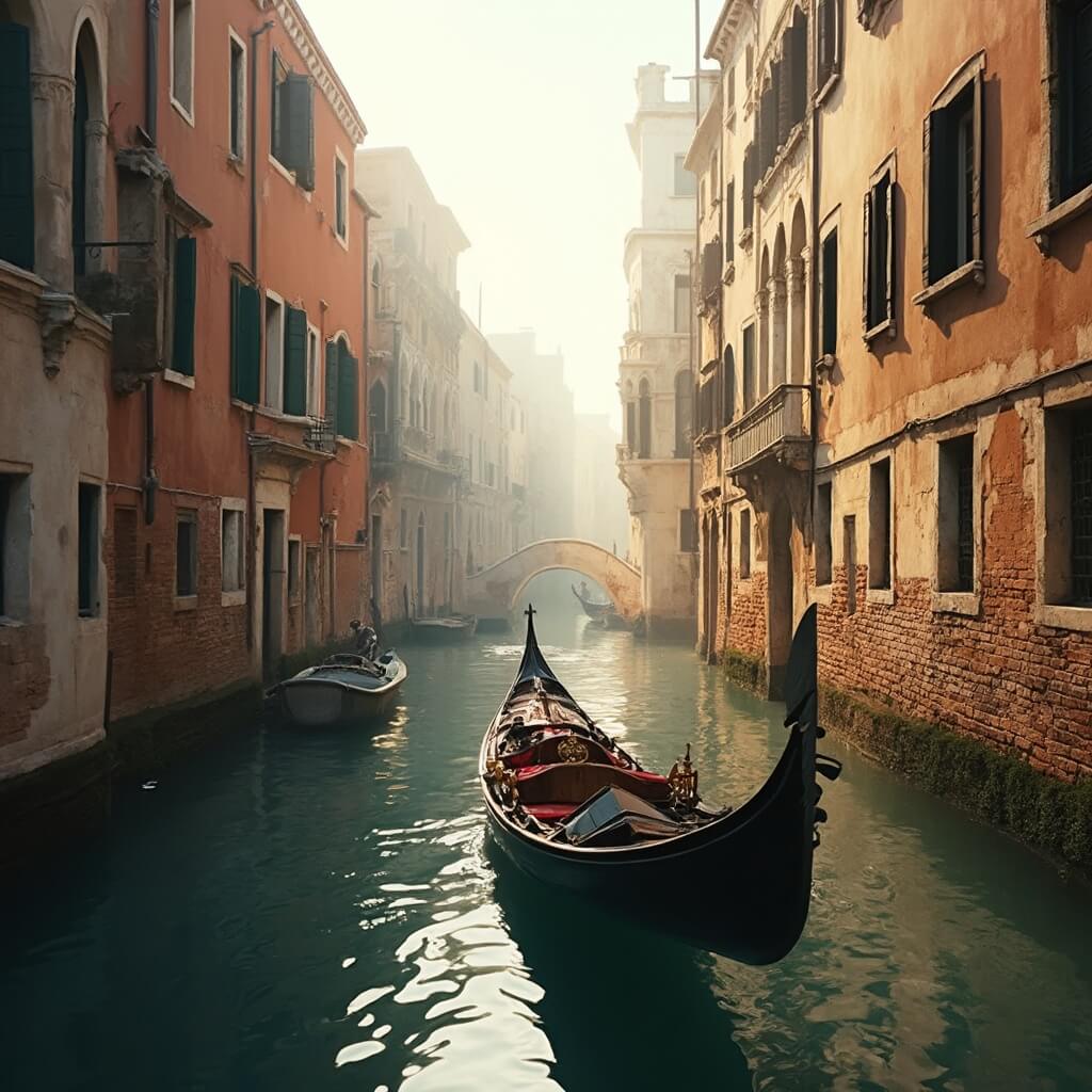 Traditional Venetian gondola navigating a narrow canal surrounded by pastel-colored Renaissance palazzos in soft morning light, mirror-like water reflections, devoid of people