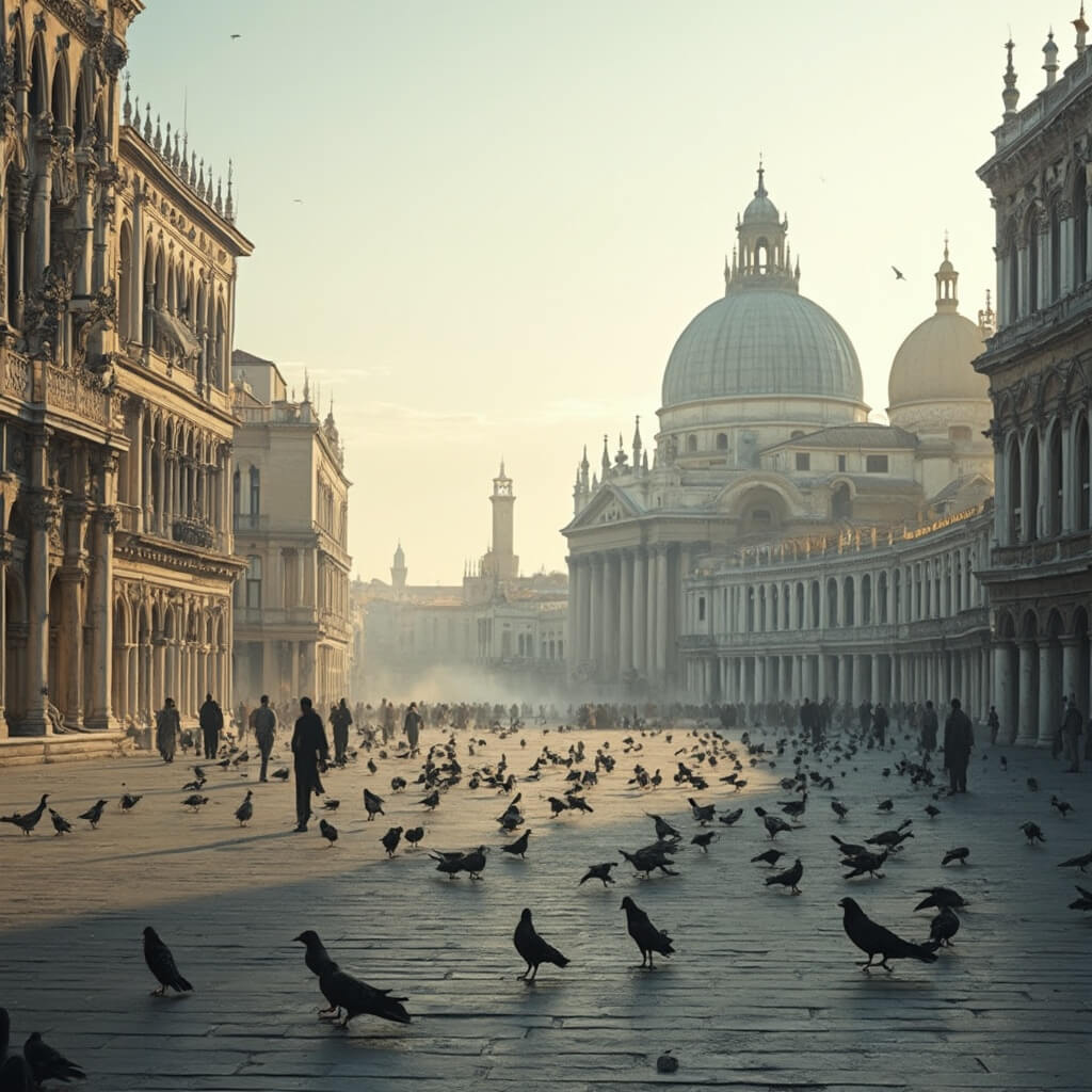 Unlock Venice: Your Ultimate Guide to Mind-Blowing Experiences Empty St. Mark's Square at dawn with softly lit Byzantine architecture of St. Mark's Basilica, gleaming gold mosaics, pigeons, and a misty atmosphere